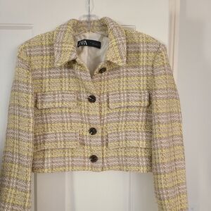 Zara Women's Yellow and Cream Plaid Tweed Blazer